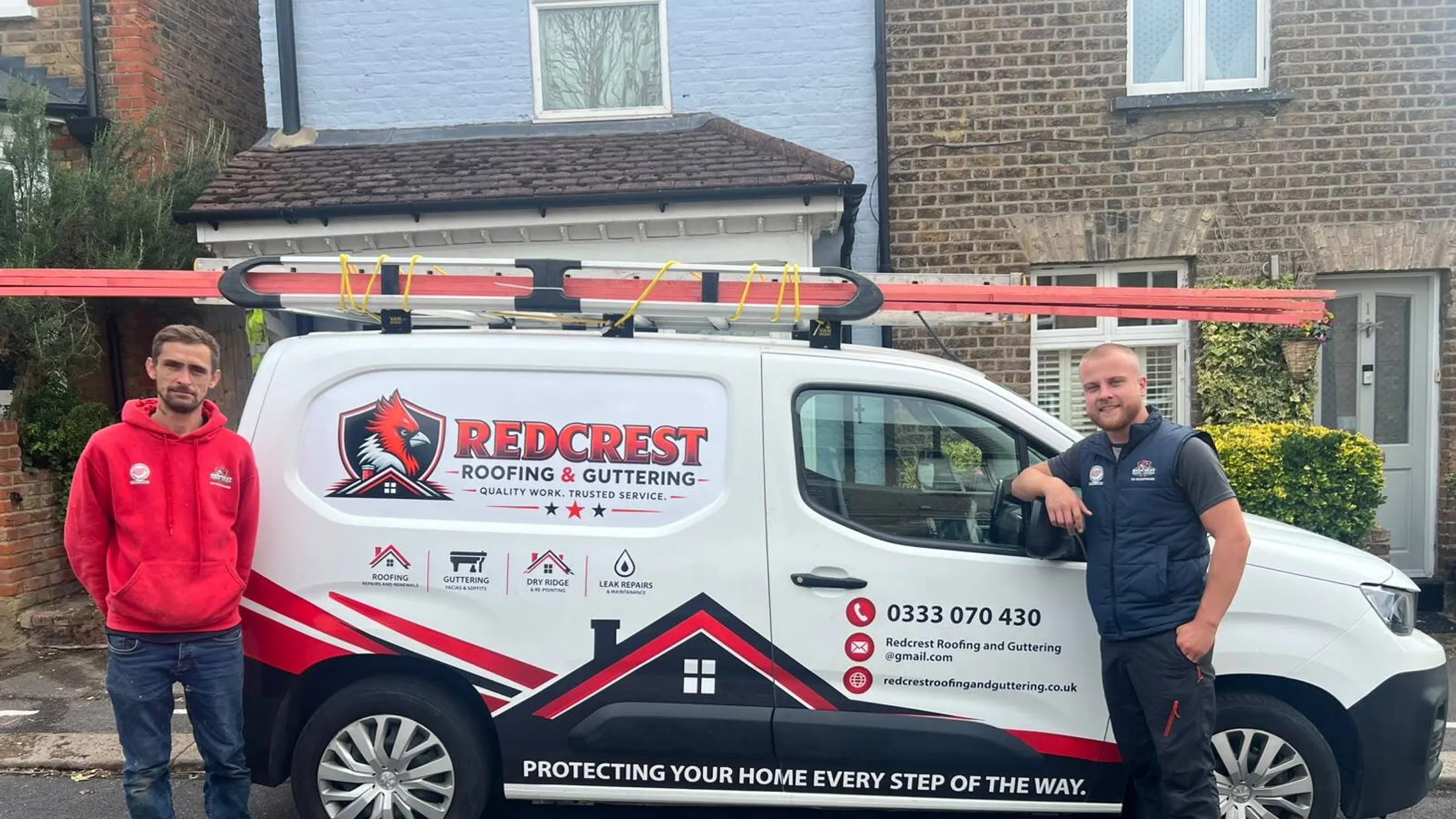 The Redcrest Roofing & Guttering team beside their sign-written van in Berkshire